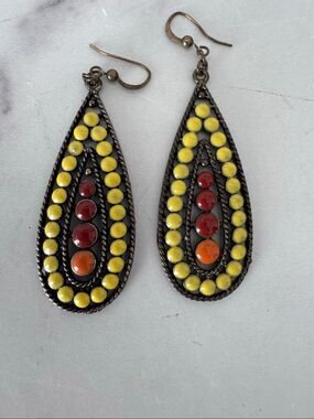 Women’s boho mustard yellow copper red teardrop metal earrings 2.5” hook hippie